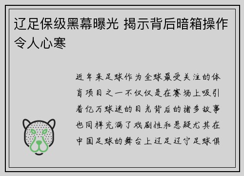 辽足保级黑幕曝光 揭示背后暗箱操作令人心寒